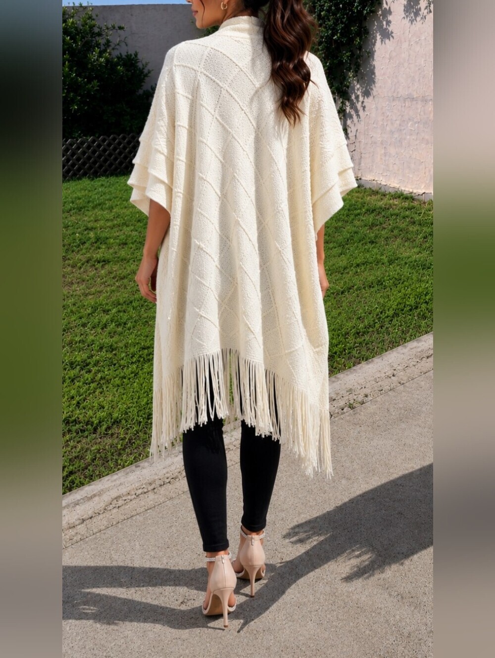 Cato Knit Open-Front Fringe Neutral Longline Drape Duster Wrap One Size Fits All - Picture 6 of 13